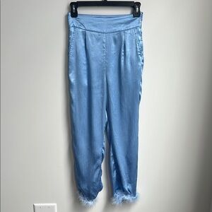 Light Blue Satin Pajama Pants with Feather Trim